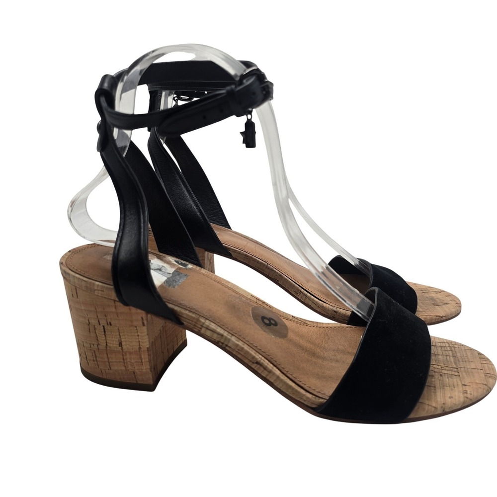 Coach Thompson Sandals Women 8 Black Leather Suede Cork Block Heel Ankle Strap